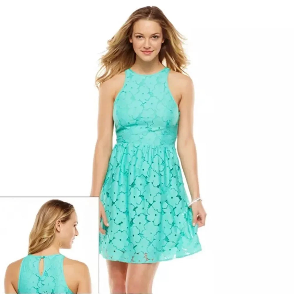 LC Lauren Conrad Green‎ Lace Sleeveless Fit & Flare Dress